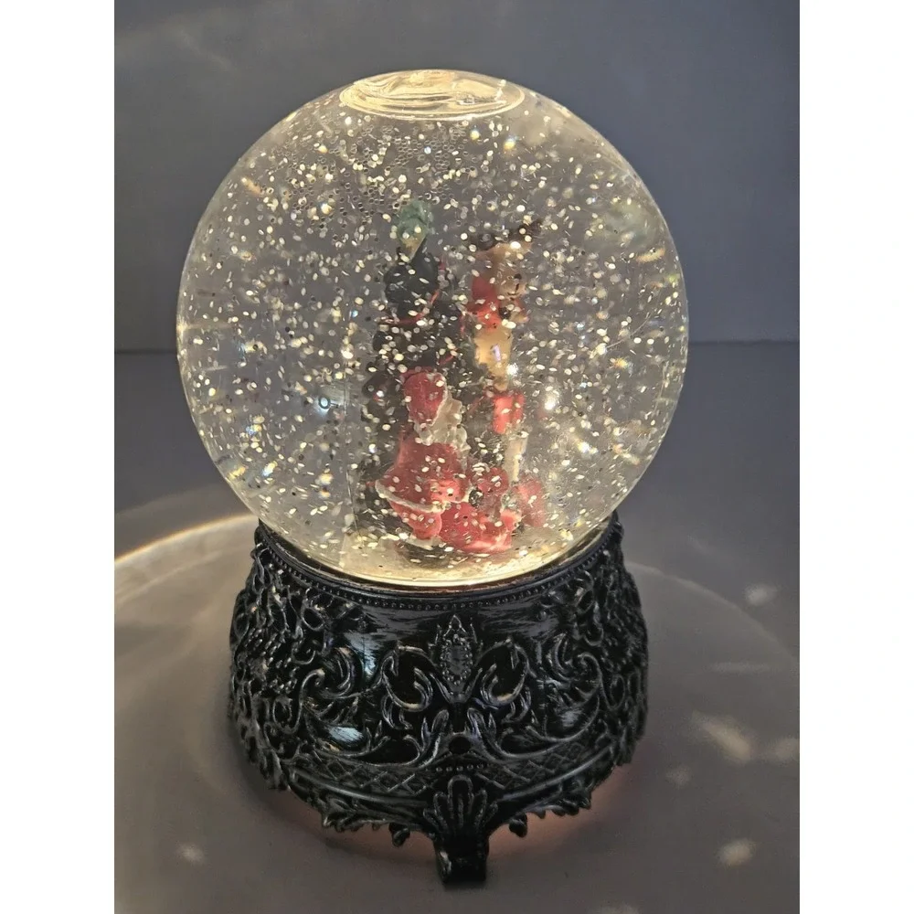 Lighted Christmas Tree Snow Globe Swirling Glitter Plastic Dome Black Filigree